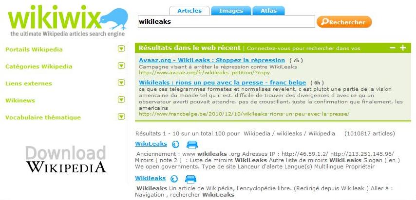 Recherche Wikiwix pour le mot Wikileaks, vue classique