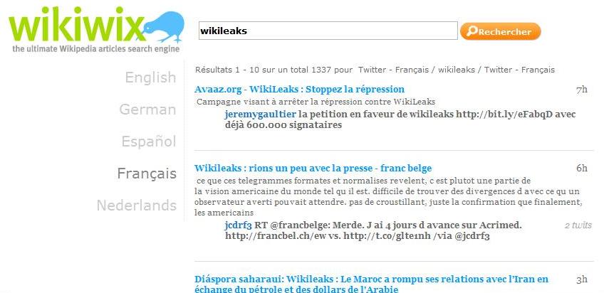 Recherche Wikiwix pour le mot Wikileaks, vue Résultats dans le web récent
